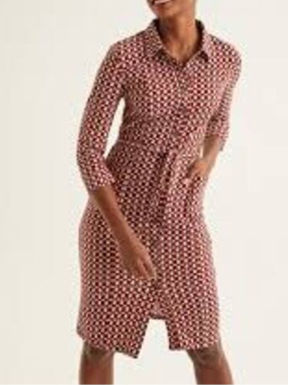 Boden maroon brown collared patterened long sleeve tie button dress size 8 long
